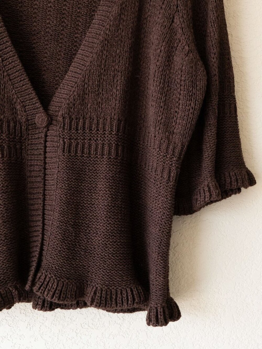 C'est City Cardigan Womens L Chocolate Brown Ruffle Knit Short Sleeve Boho Y2K - Picture 7 of 14